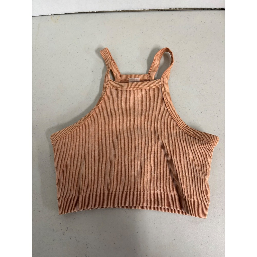 Mono B Ribbed Knit Halter Crop Top Orange Women's Size S